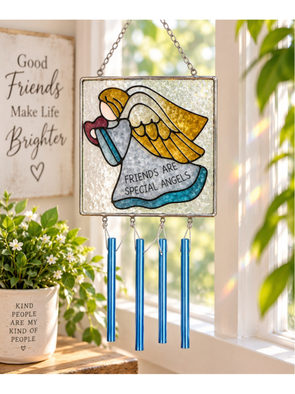 Friends Are Special Angels Stained Glass Wind Chime Suncatcher Wall Hanging